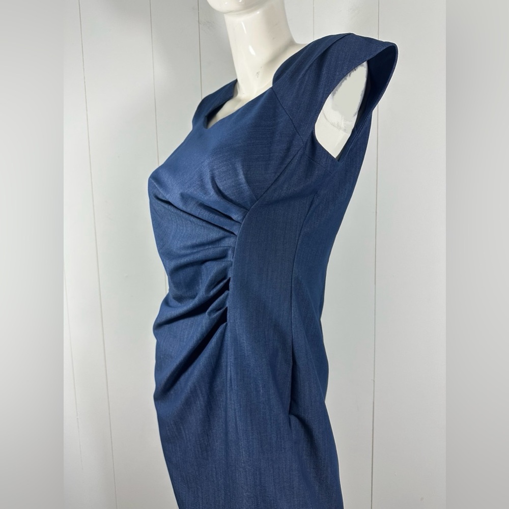Calvin Klein Chambray Sz 10 Blue Side Pleat Sheath Cap Sleeve Dress Womens - Picture 5 of 10
